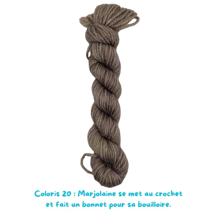 Coloris 20 : Marjolaine se met au crochet et fait un bonnet pour sa bouilloire.